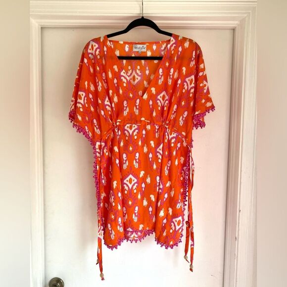 Mud Pie Orange & Pink Adjustable Swimsuit Coverup Size Small Pom Pom Medium - Picture 5 of 6